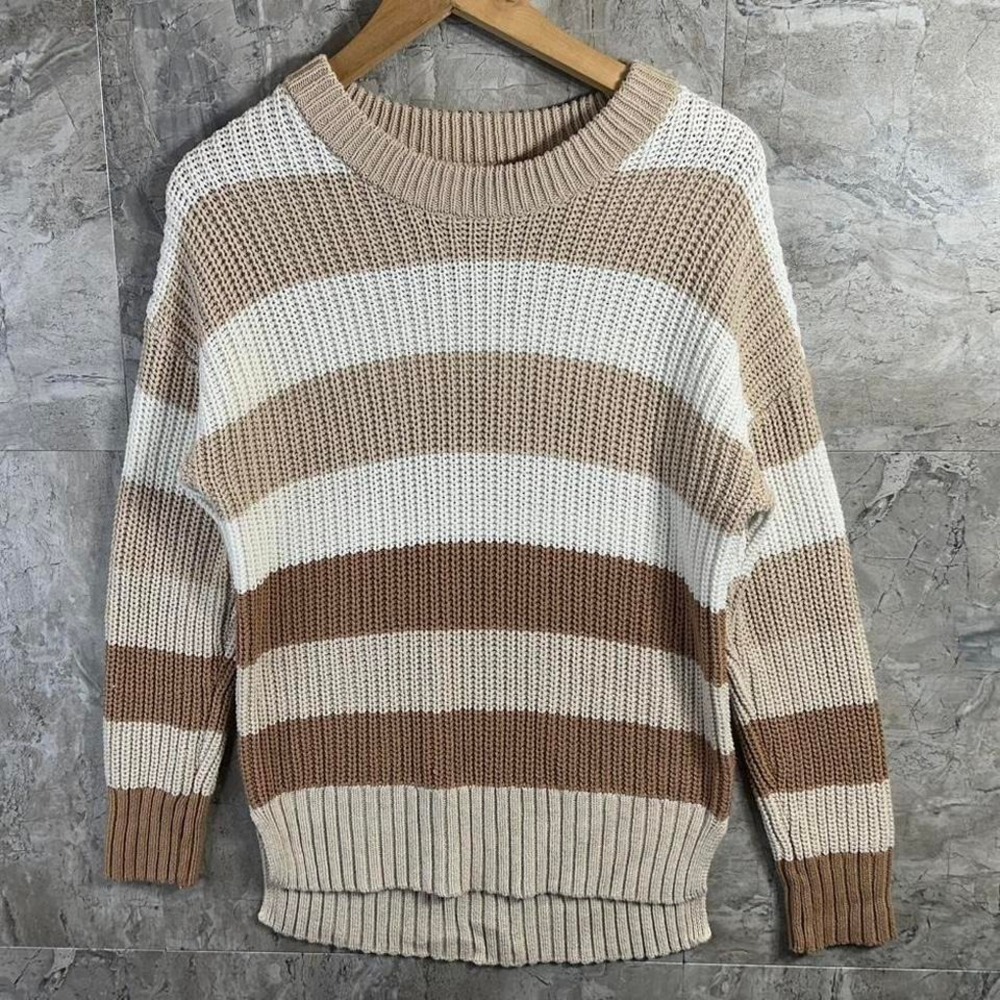 Tan and white striped knit sweater oversized woman's Medium #stripes - Picture 1 of 6